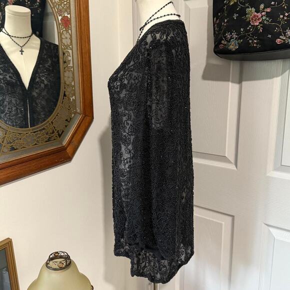VTG 90s Black Tie by Oleg Caassini Black Beaded Silk Floral Long Sleeve Kimono L - Picture 4 of 8